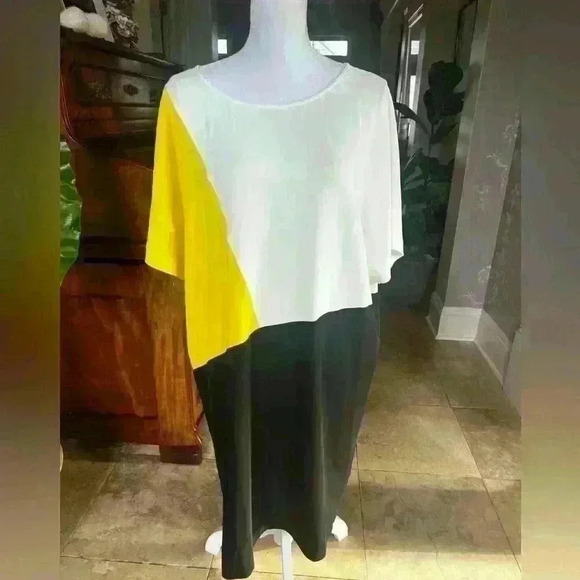 DKNY dress. Size XL ladies color block NWY black yellow white Flowy Airy - Picture 6 of 12